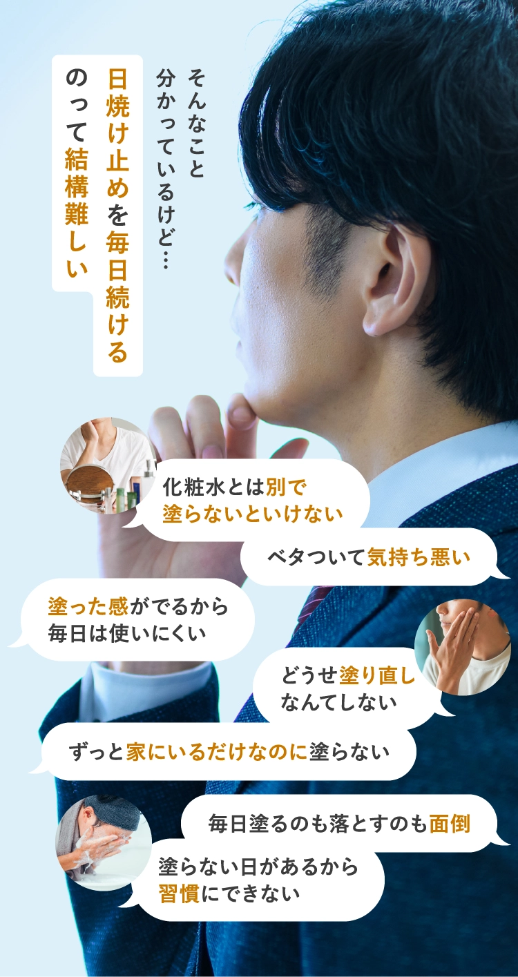 そんなこと分かっているけど… 日焼け止めを毎日続けるのって結構難しい 化粧水とは別で塗らないといけない ベタついて気持ち悪い 塗った感がでるから毎日は使いにくい どうせ塗り直しなんてしない ずっと家にいるだけなのに塗らない 毎日塗るのも落とすのも面倒 塗らない日があるから習慣にできない