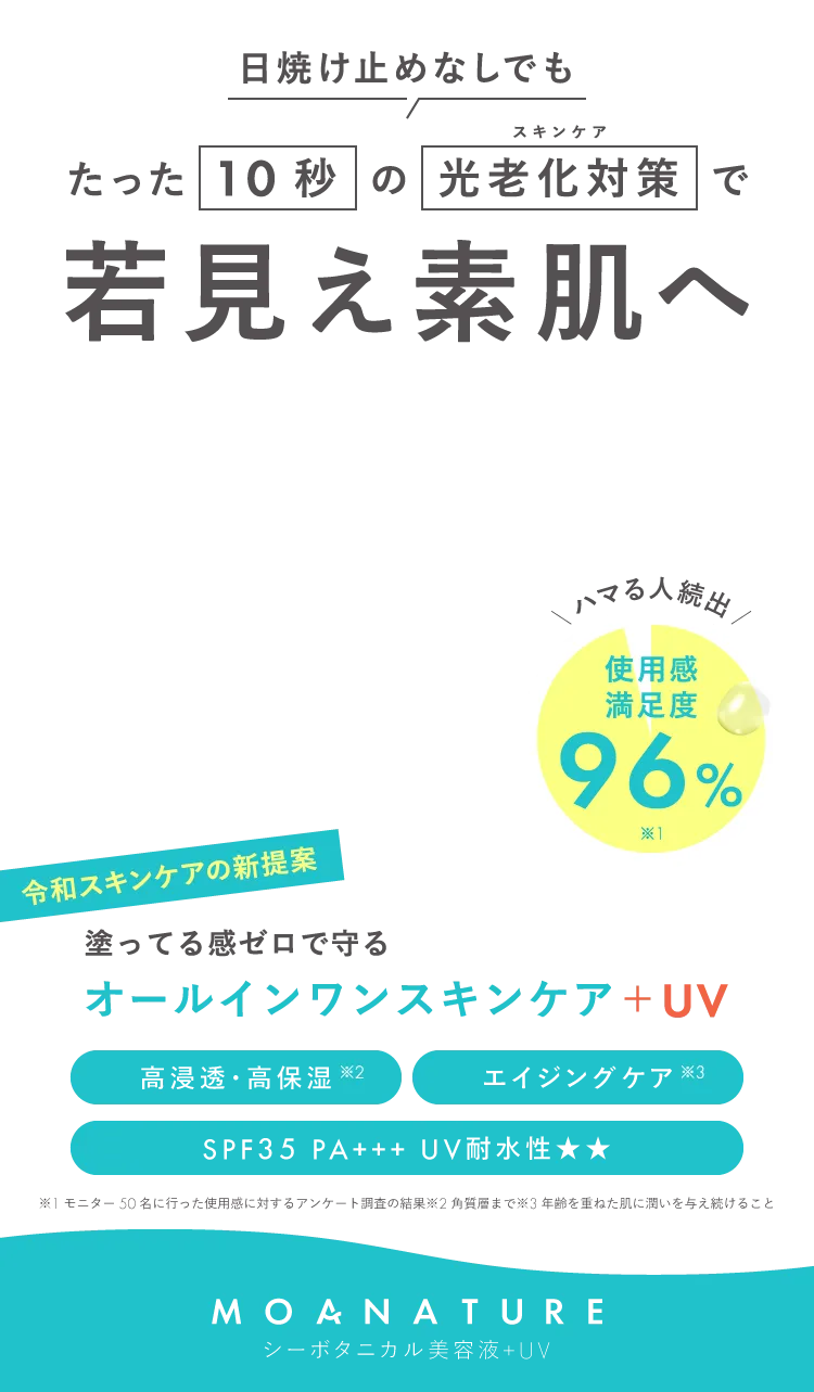 令和スキンケアの新提案 日焼け止めなしでも ハリツヤ 若見え肌 塗ってる感ゼロで守るオールインワンスキンケア+UV 高浸透・高保湿 エイジングケア SPF35 PA+++ UV耐水性★★ MOANATURE シーボタニカル美容液+UV