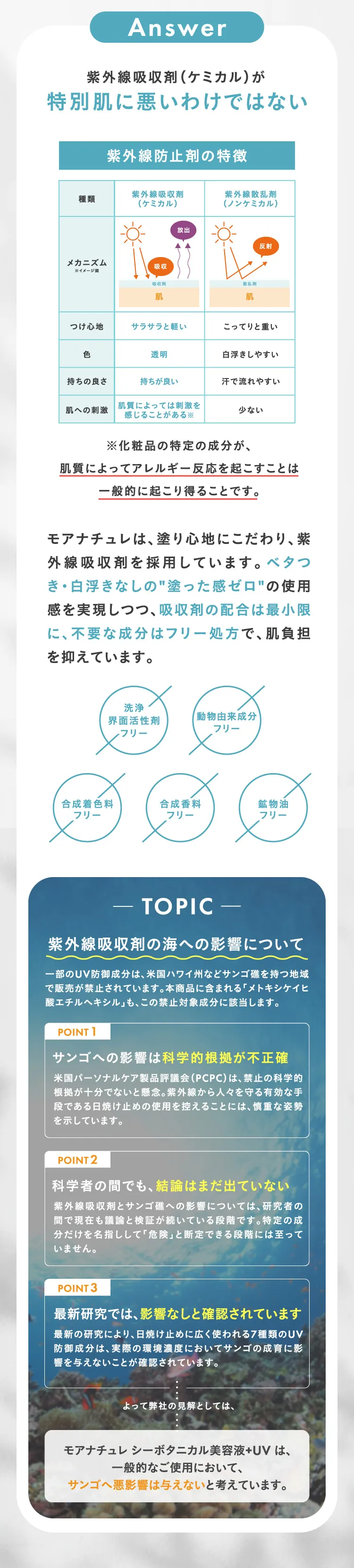 Answer 紫外線吸収剤（ケミカル）が特別肌に悪いわけではない